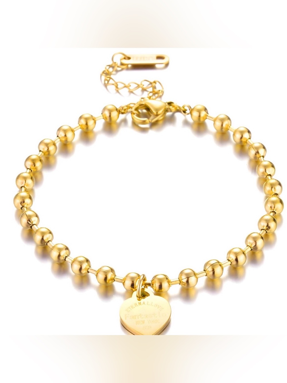 18K Gold Plated Stainless Steel Beaded Heart Charm Bracelet - NWT